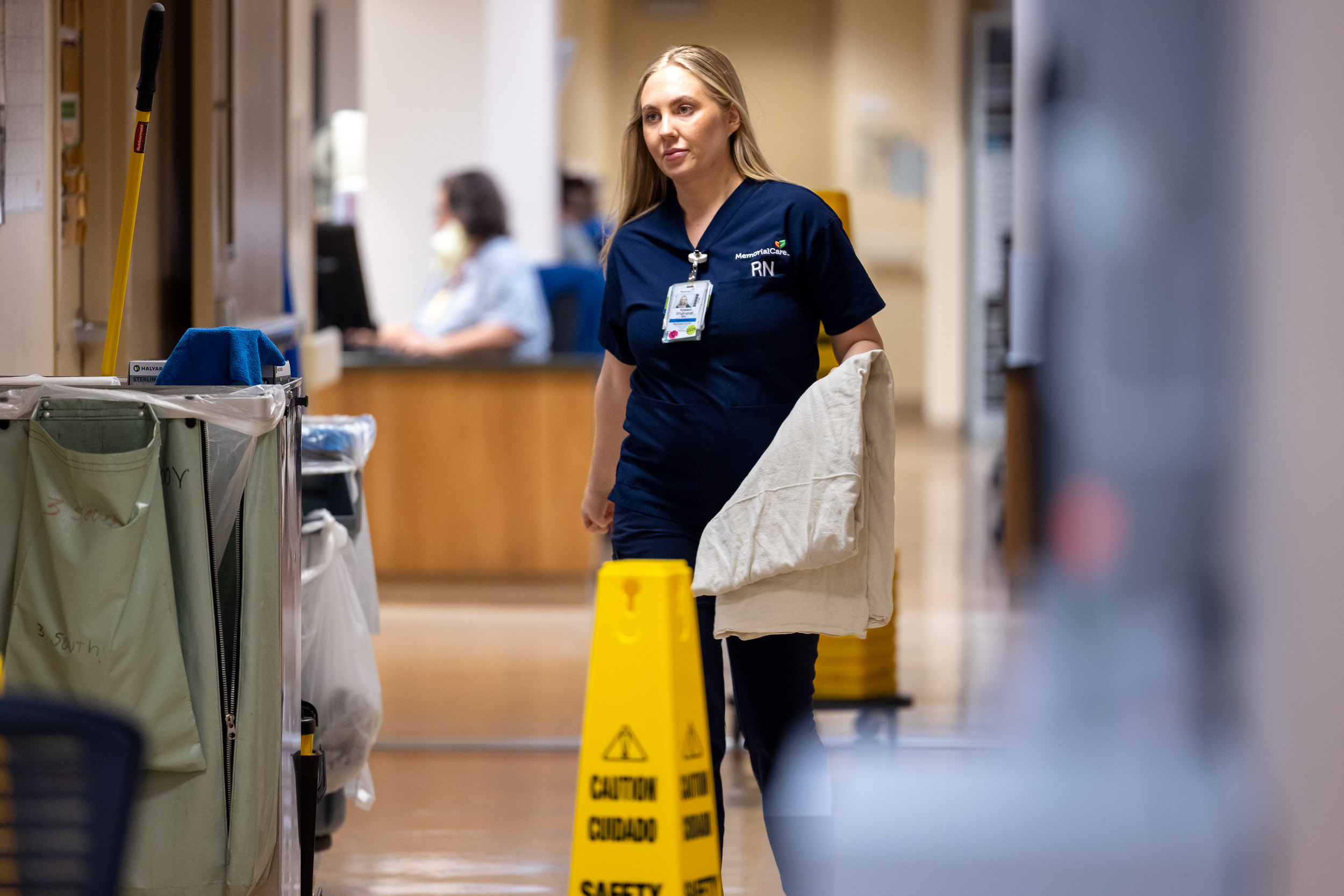 Long Beach Memorialcare of Long Beach Nurse Kirsten Shumaker in the hallway of the critical care unit.