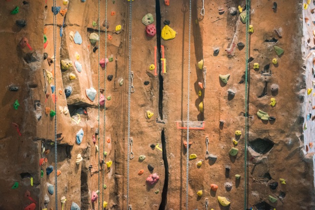 a close-up view of the rock climbing wall