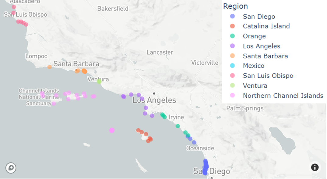 receiver map of shark along Southern California coast