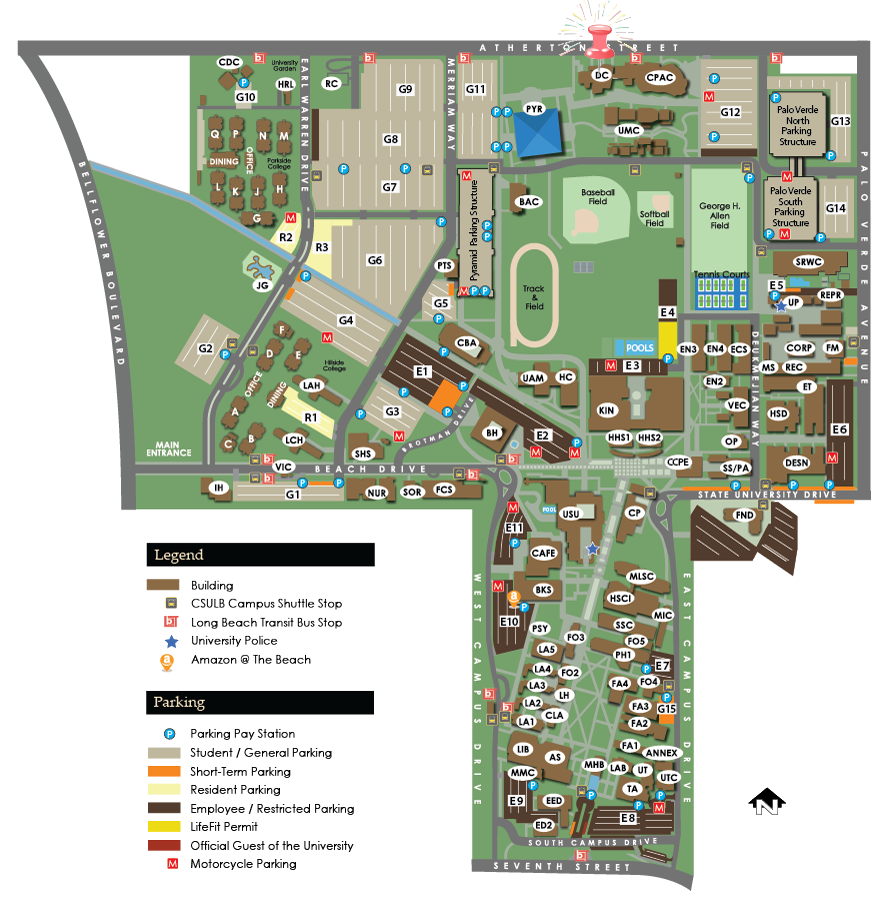 Map of CSULB Campus with a push pin on the Dance Center