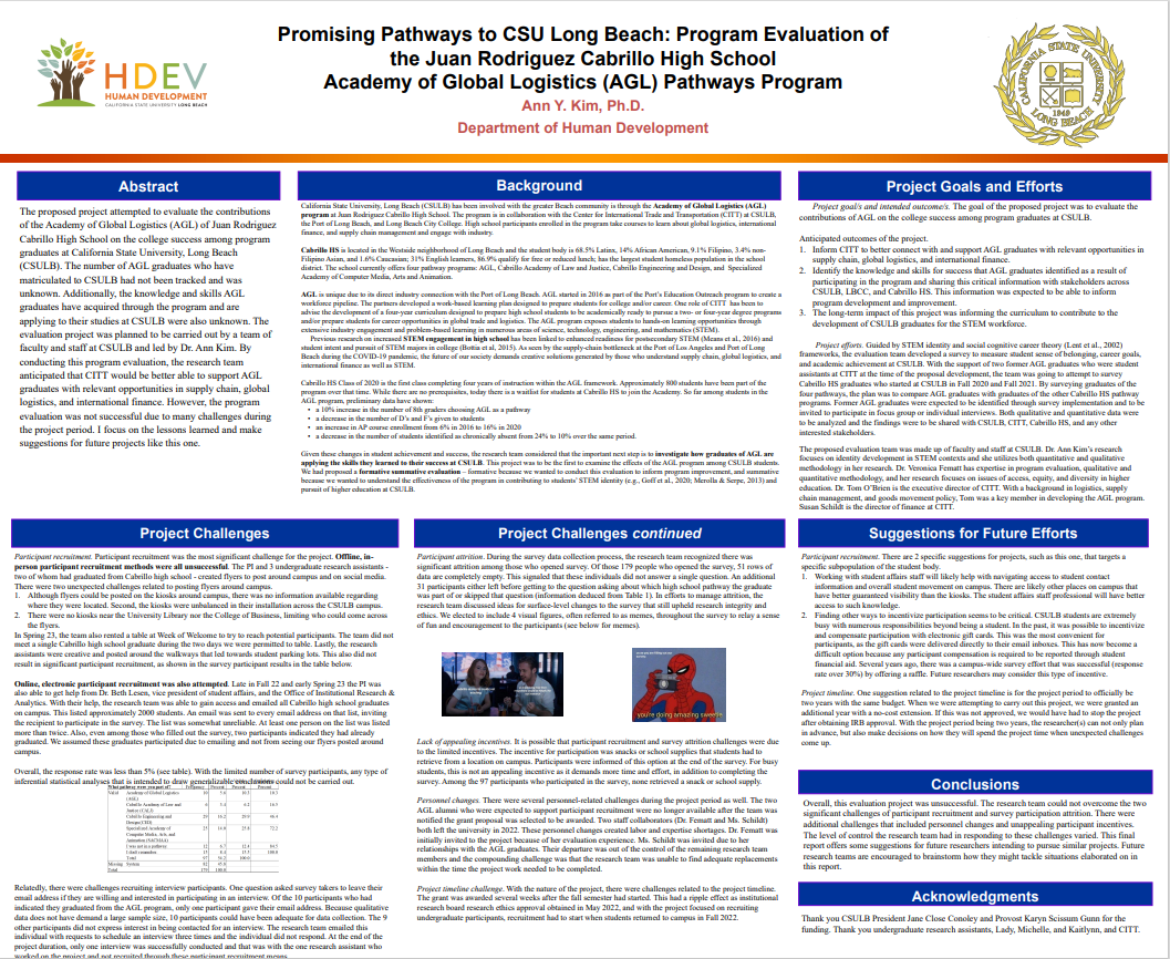 Presentation Poster of Promising Pathways to CSULB: Program Evaluation of the Juan Rodriguez Cabrillo High School Academy of Global Logistics (AGL) Pathways Program