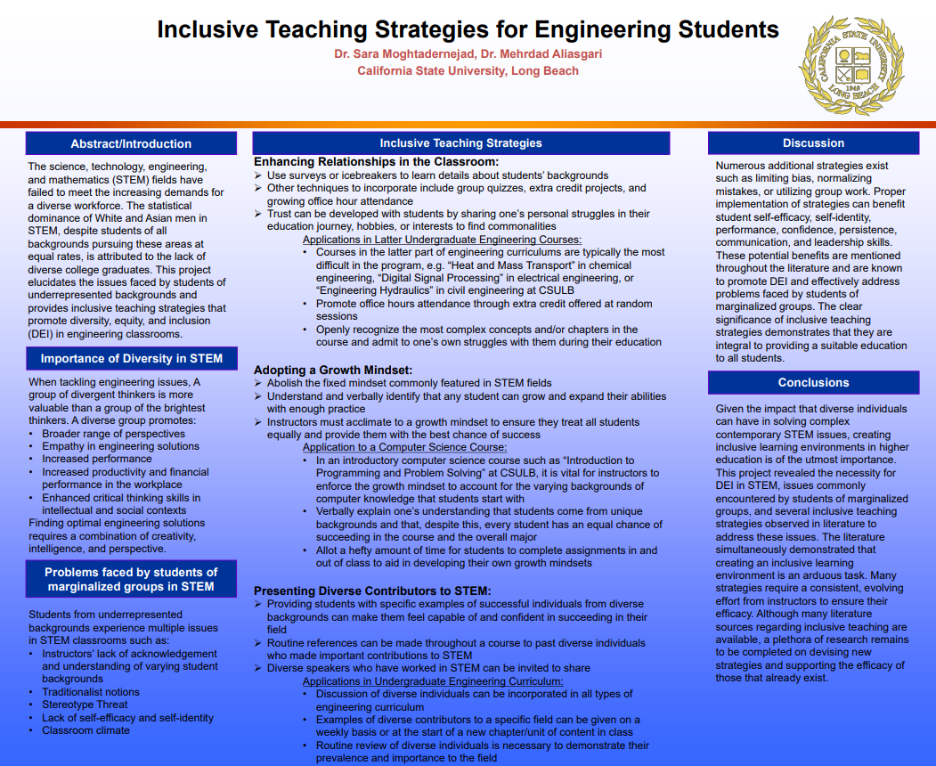 Presentation Poster of Closing Equity Gaps in Engineering Courses: Interventions and Best Practices for Culturally Responsive Teaching in Engineering 