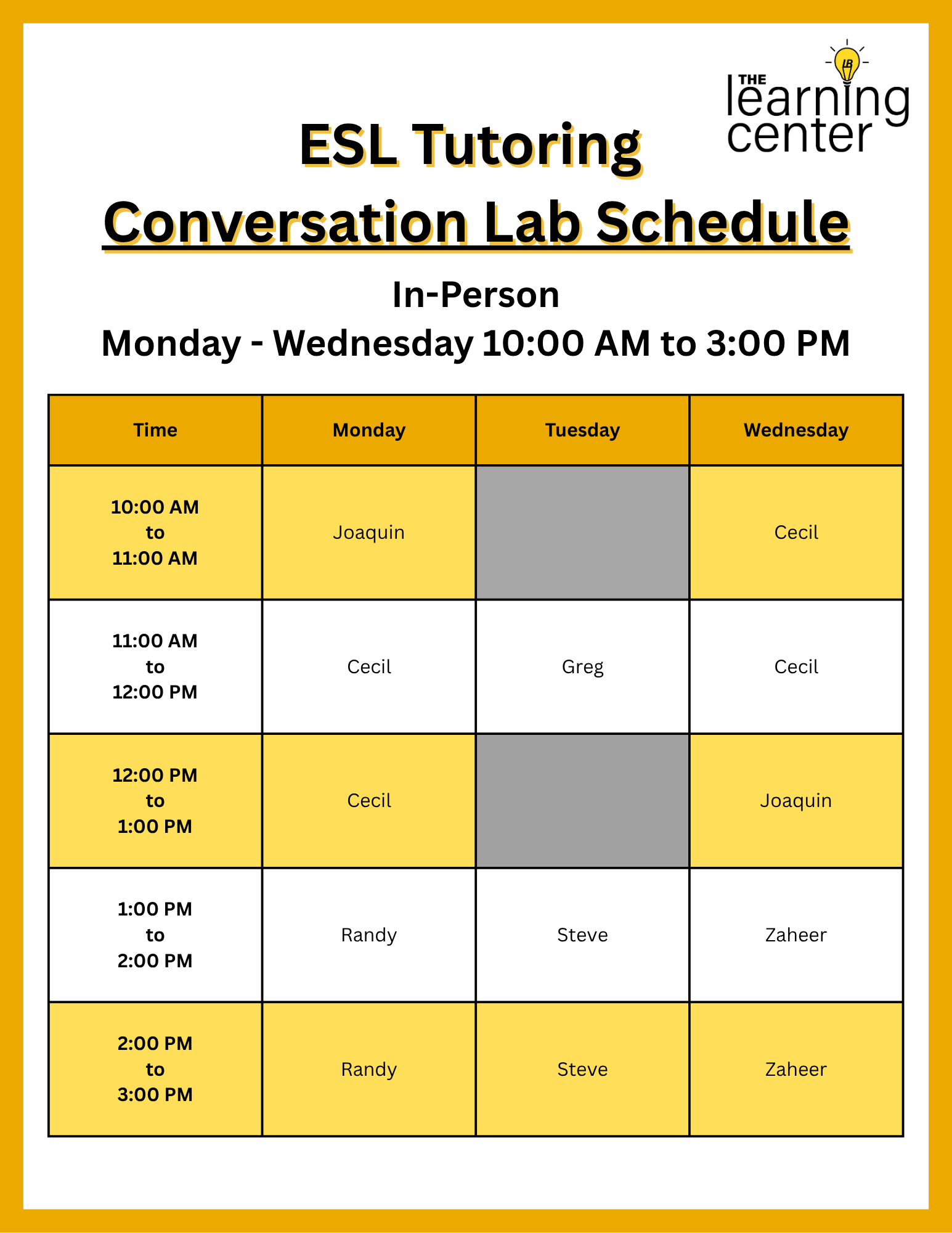 Fall 2025 ESL Tutoring Conversation Lab Schedule