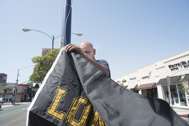 A worker in process of hanging a csulb flag on second street