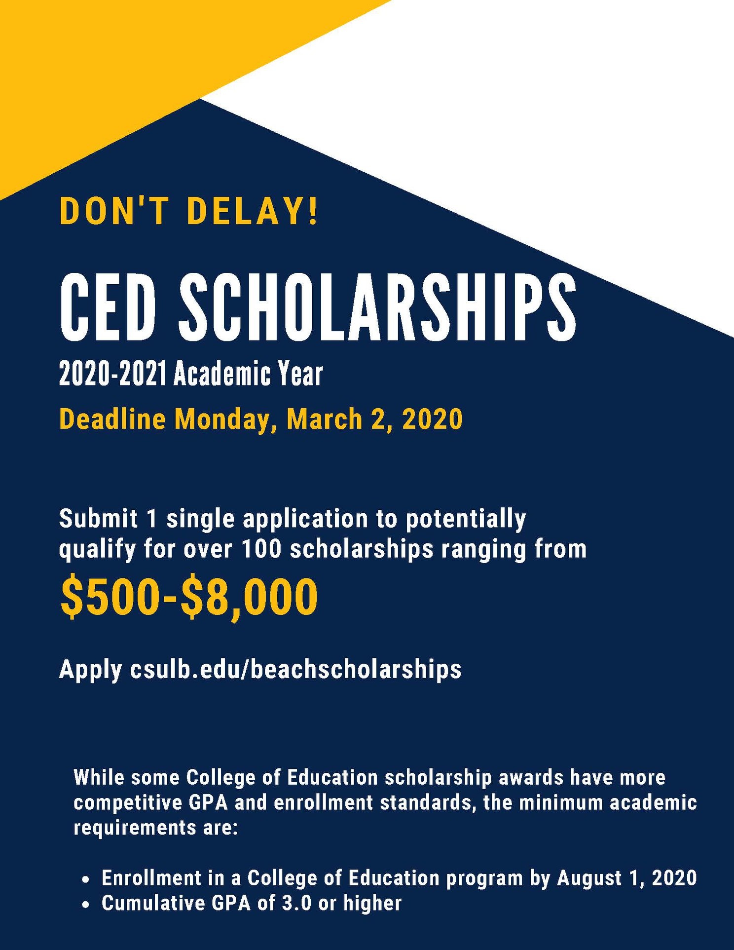 CED Scholarships Flyer, 2020-2021 academic year, deadline ma