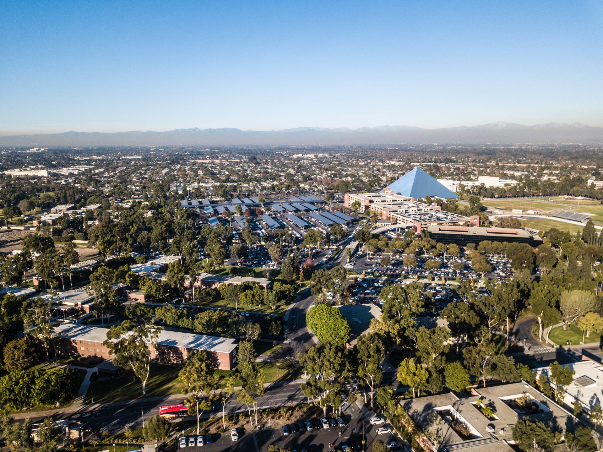 aerial photo of CSULB with solar panels