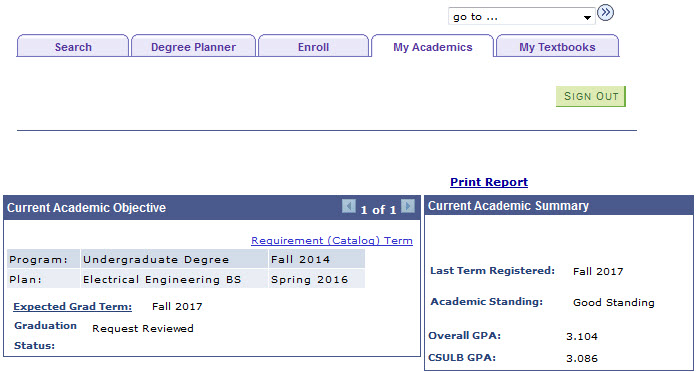 Screenshot of The Academic Requirements report header detail