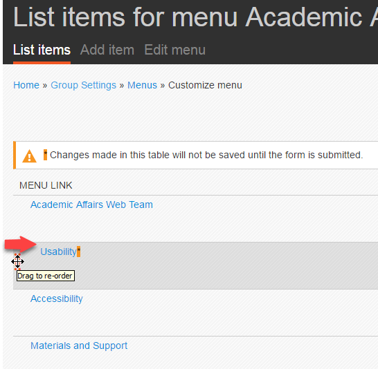 Screenshot depicting how to drag a nested link in the menu a