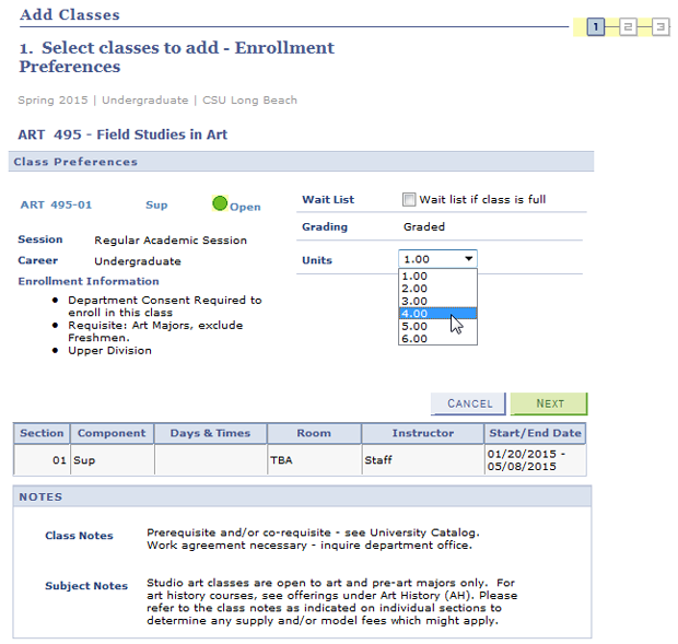 Screen shot of Class Search Results for a class with Enrollm