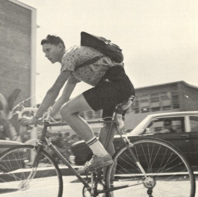 student fashion, boy in bike, 1960's