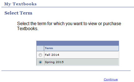 Screen shot of the My Textbooks tab, displaying term selecti