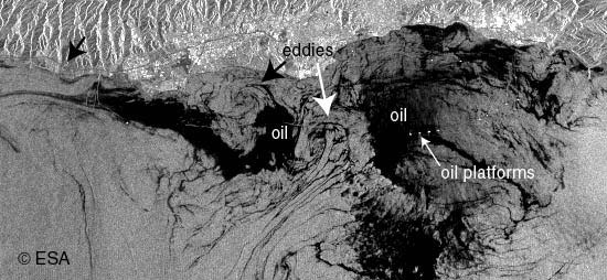 oil near oil platforms being distributed by nearby eddies