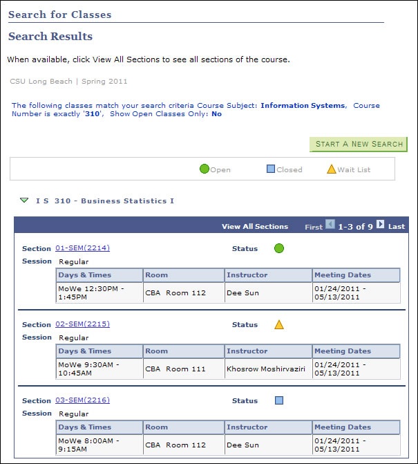Screen shot of Class Search results