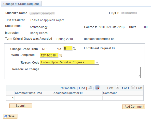  Screenshot of the Change of Grade Request page in the Facul