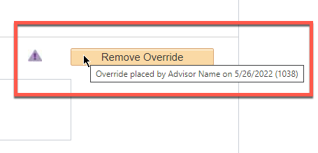 Screenshot of Requirement Override tooltip with user informa
