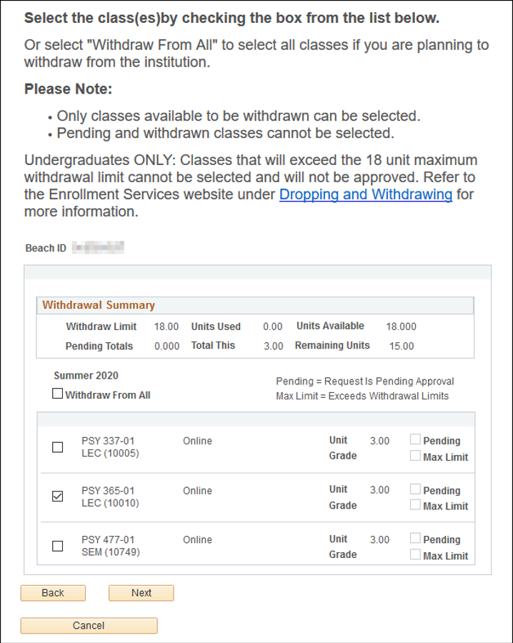 Screenshot of the class selection page