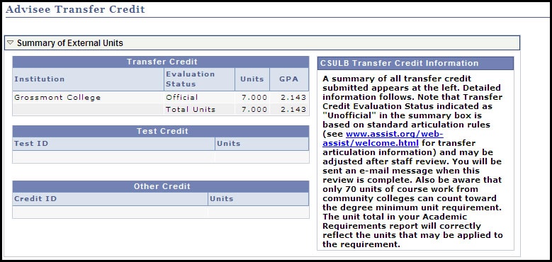 transfer credit external units summary