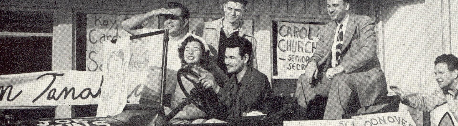 1950s image, students in a car