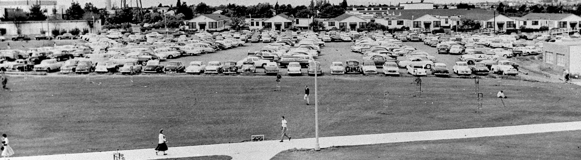 1950s image, campus parking lot
