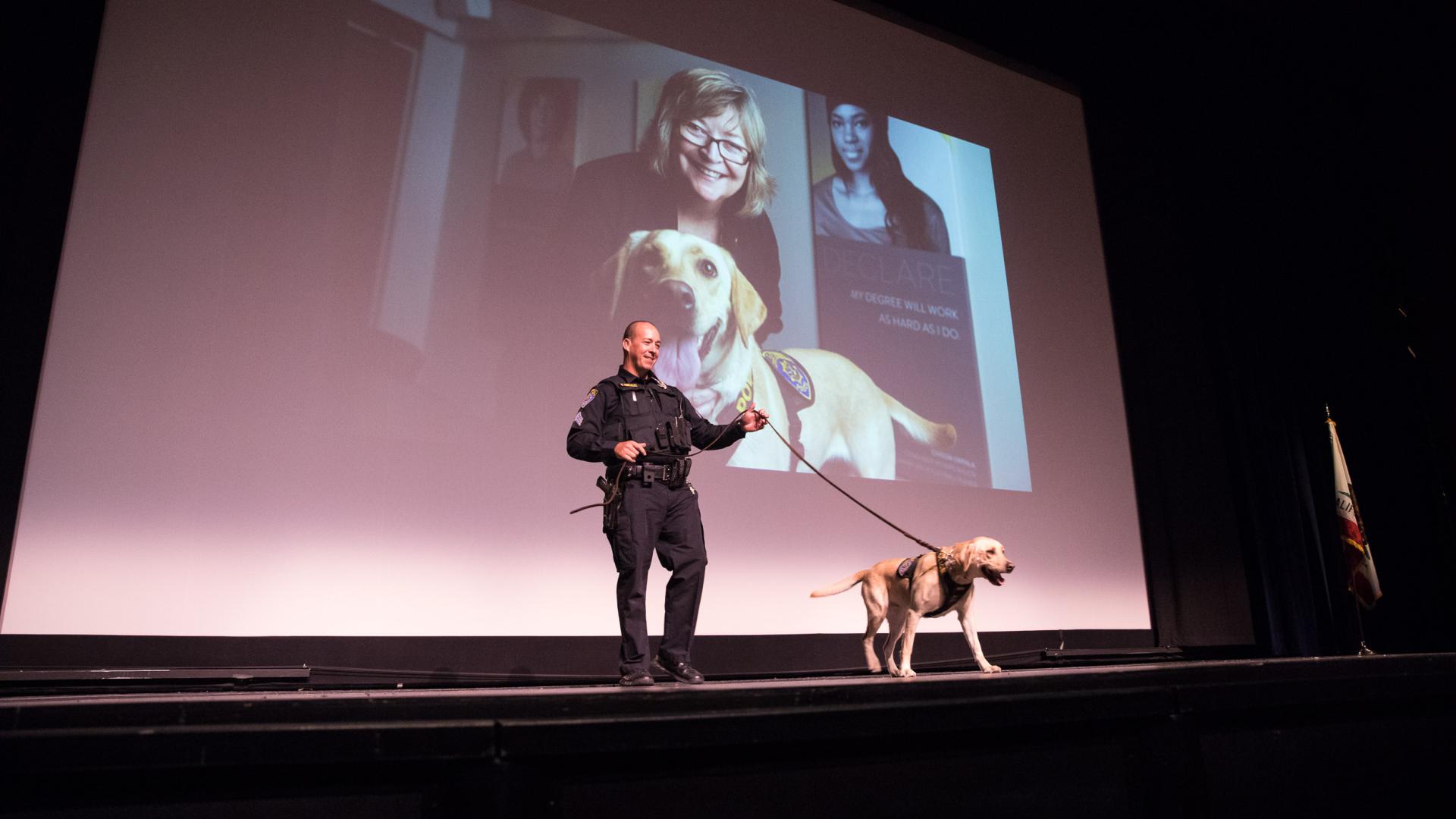 Avery the detection dog makes an appearance on stage