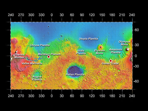  [ MOLA map of Mars, showing locations of the Spirit and Opportunity 
rovers ]