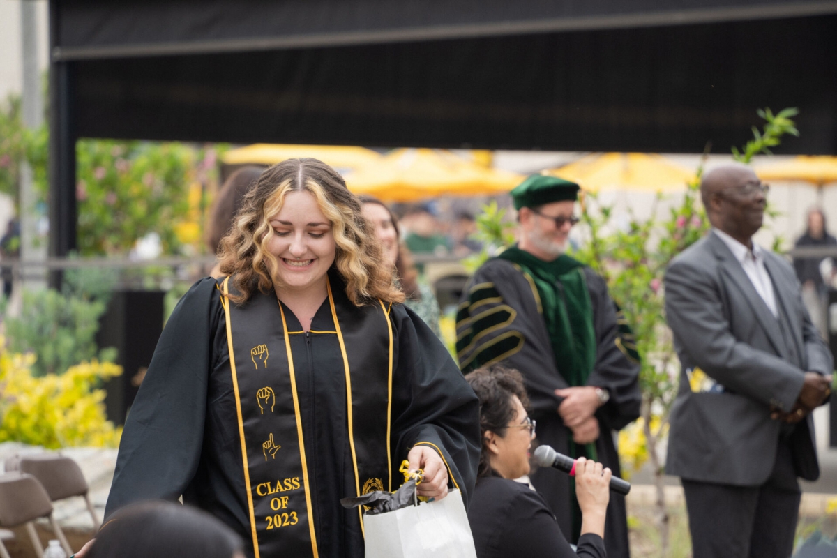 Student smiles wearing grad gown and stoll.