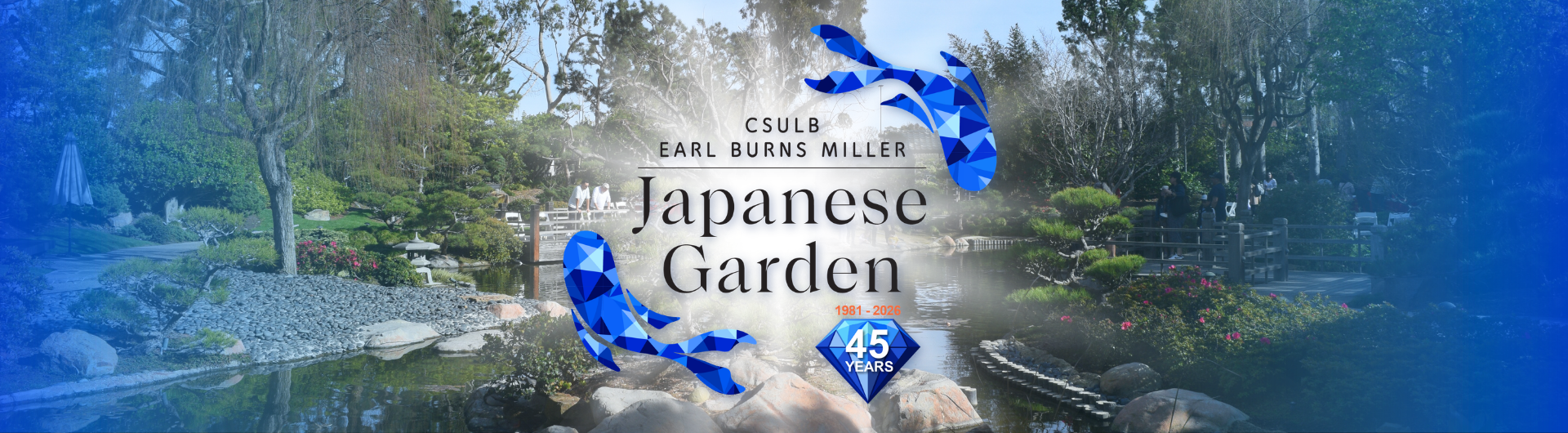 Picture of the lush EBM Japanese Garden with text that reads "EBM Japanese Garden, 45 years"