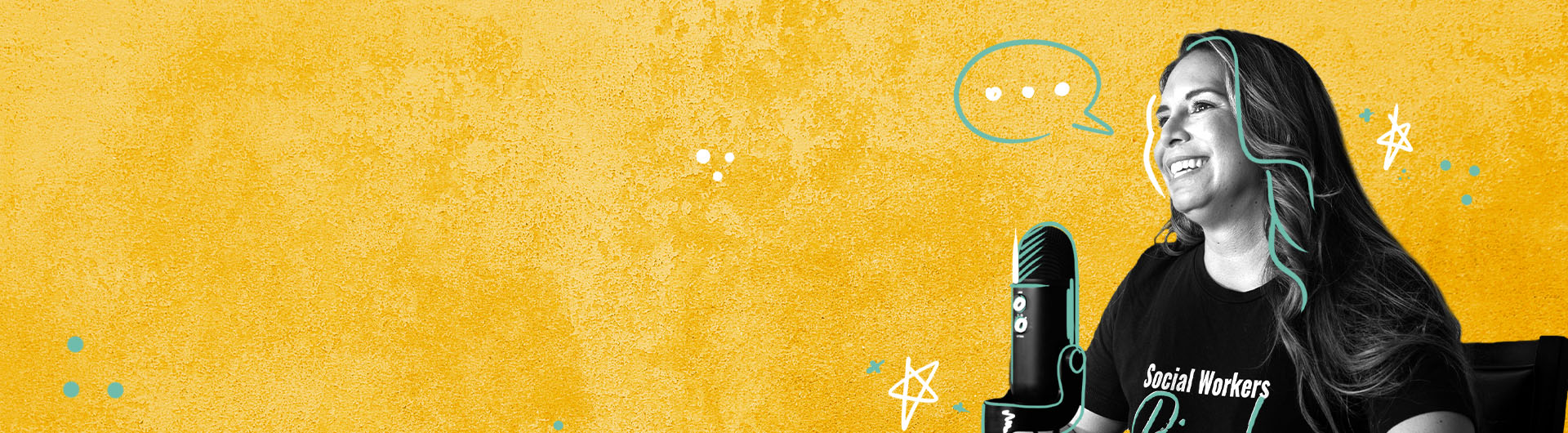 Catherine Moore with microphone against a yellow background