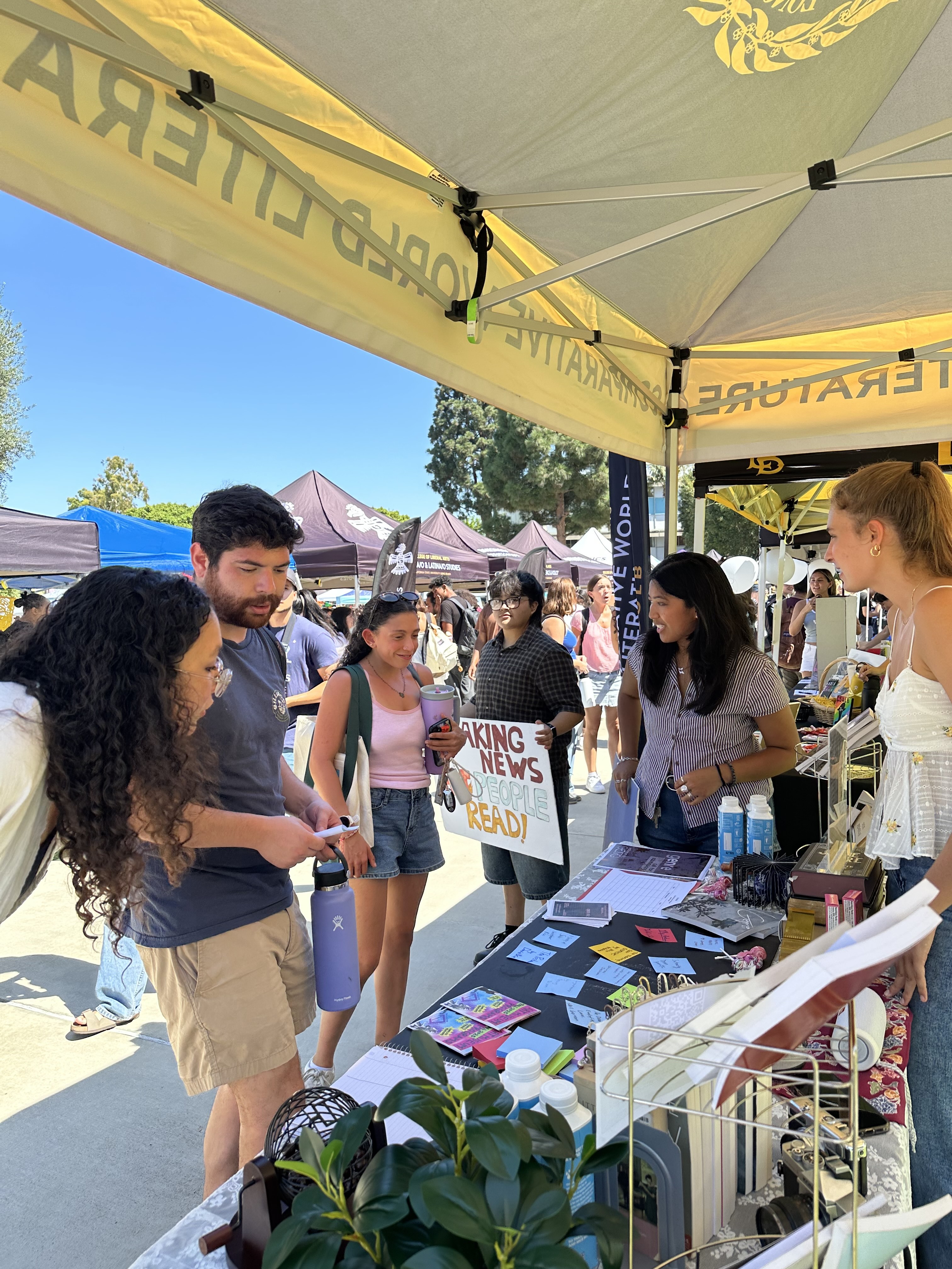 students chatting at a table