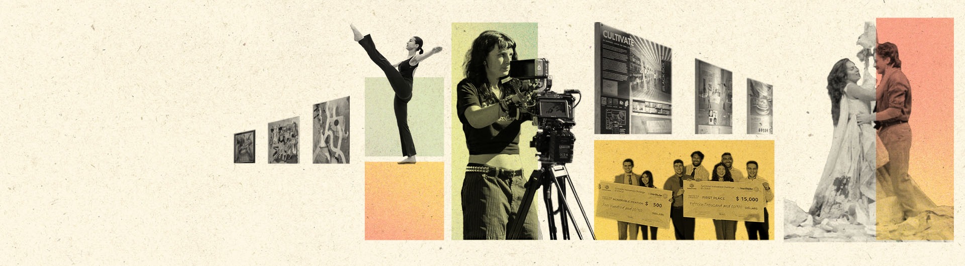 Person operates a video camera on a tripod surrounded by a collage of dancers artworks students holding checks and performers in motion