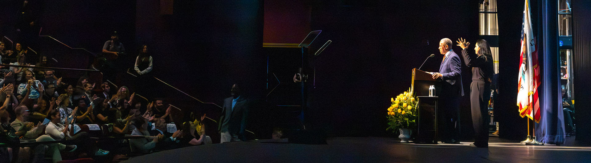 President Loren J. Blanchard speaks on the Carpenter Center stage