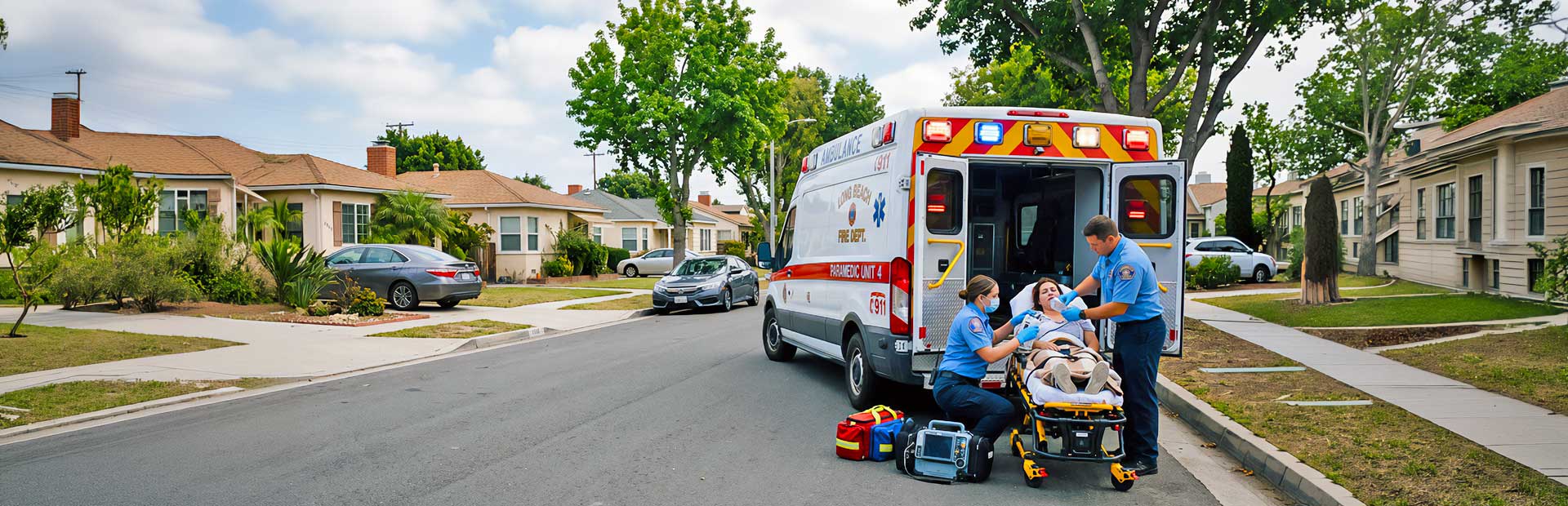 Decorative banner: EMT students training with an ambulance