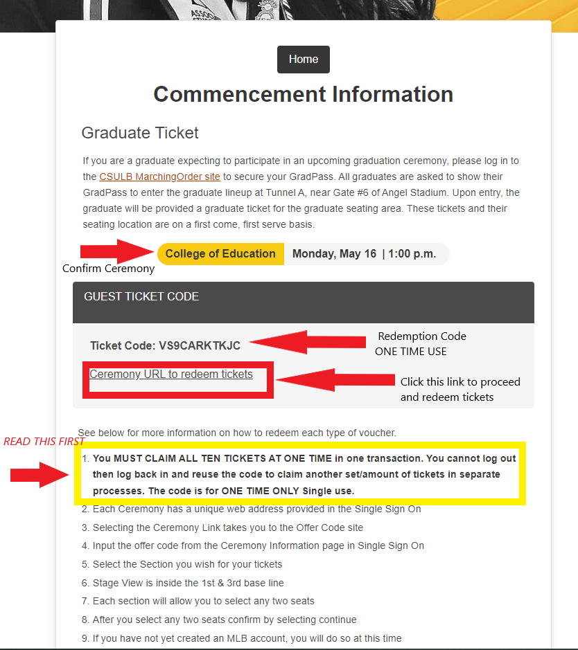 Ceremony Info and Ticket Code screenshot