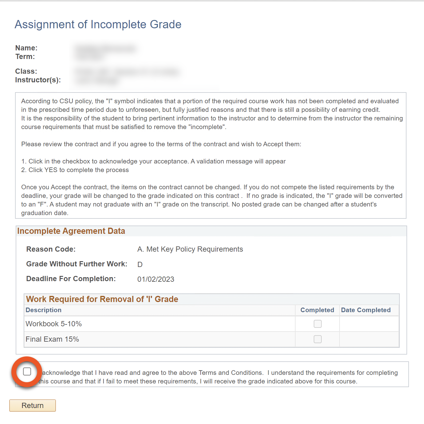 Incomplete Grade Agreement with checkbox for accepting the agreement