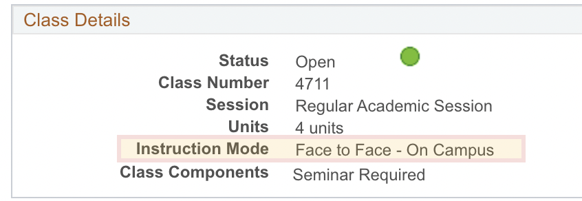 Class Details screenshot in MyCSULB Student Center with Instruction Mode - Face to Face On Campus highlighted.