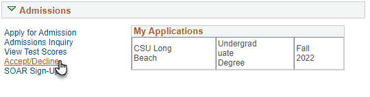 Screenshot of Admission section with Accept/Decline link activated