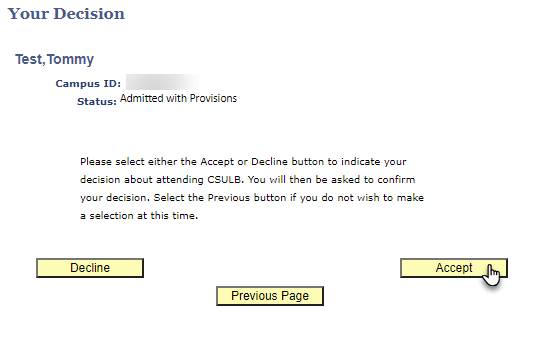 Screenshot of Decision page with Accept button selected