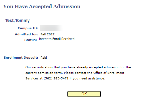 Screenshot of You Have Accepted Admission page
