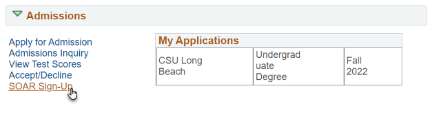 Screenshot of SOAR Sign-Up link selected in the Admissions section