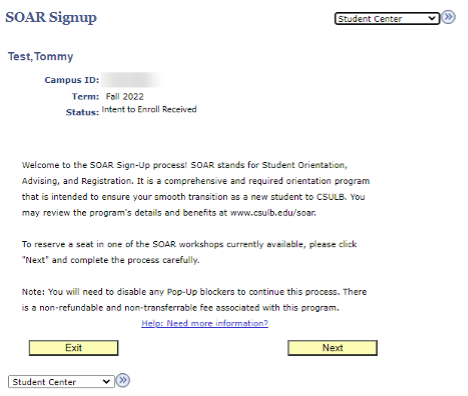 Screenshot of SOAR Sign-Up page in MyCSULB Student Center
