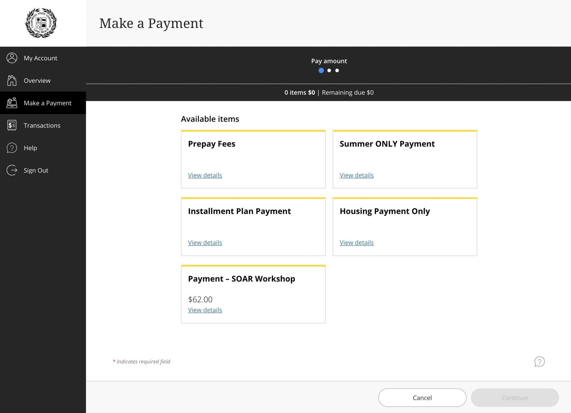 Screenshot of Make a Payment page with "Payment - SOAR Workshop" option