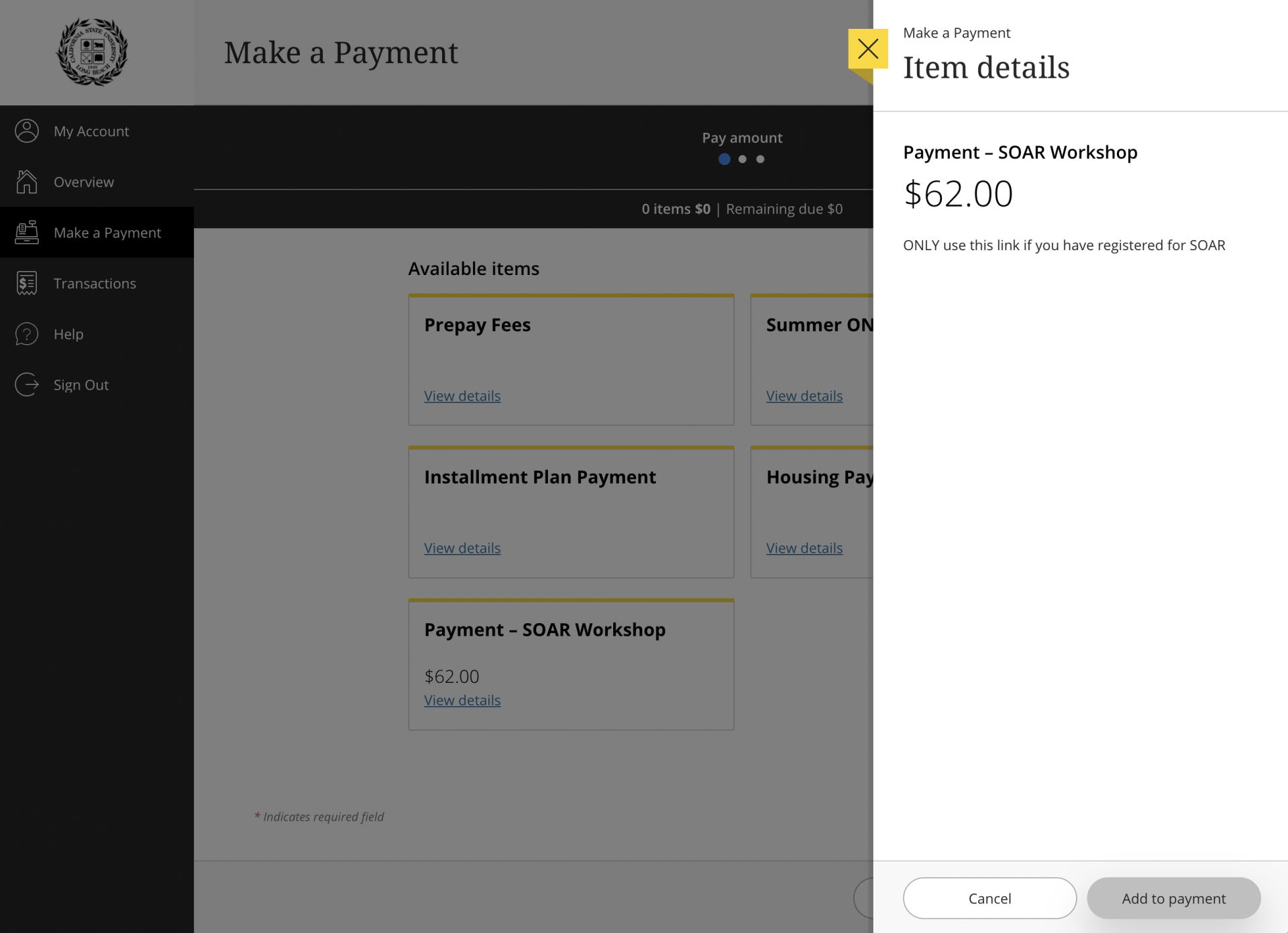 Screenshot of Item Details window with Add to Payment button