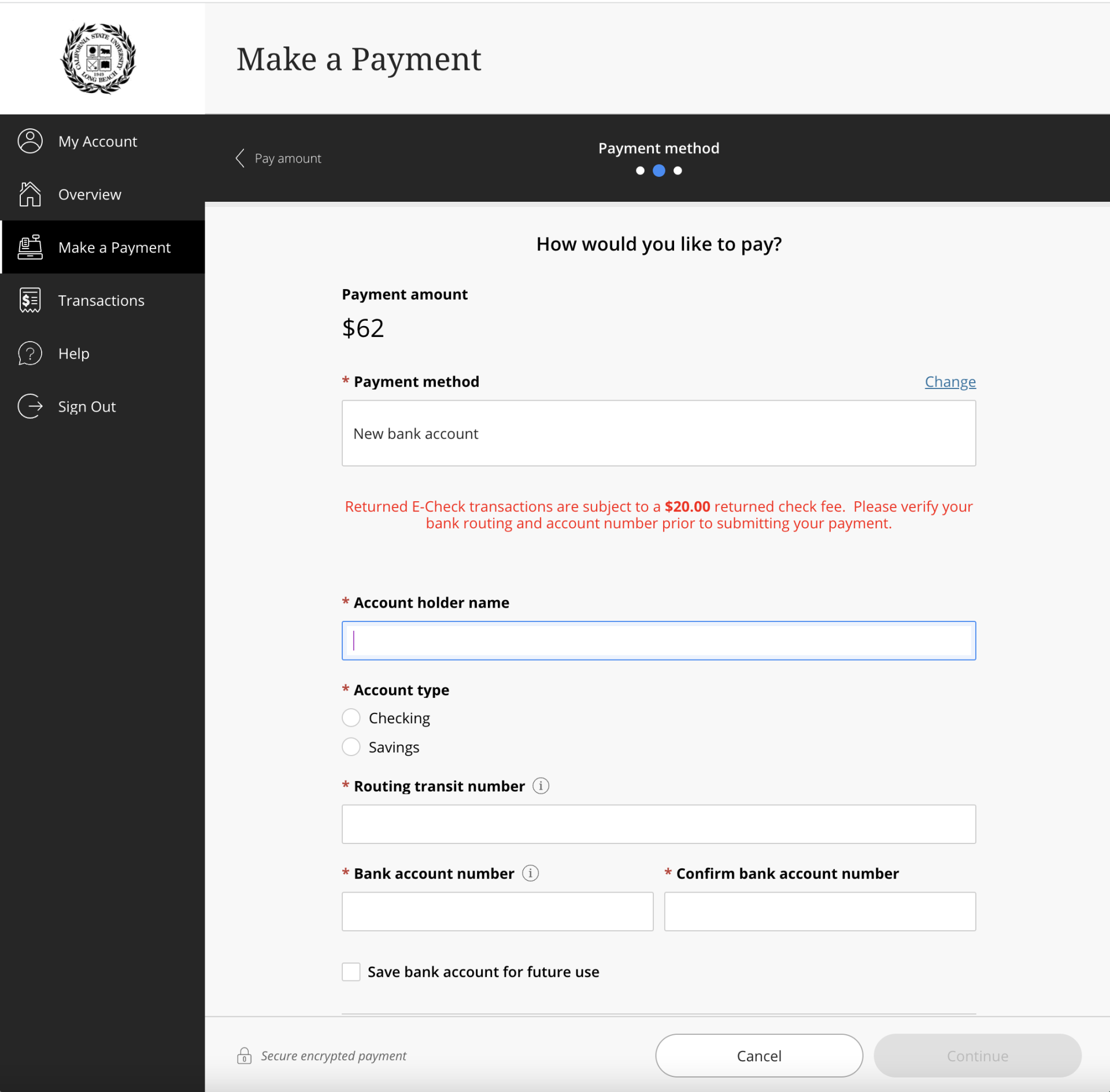 Screenshot of E-Check Payment Option form