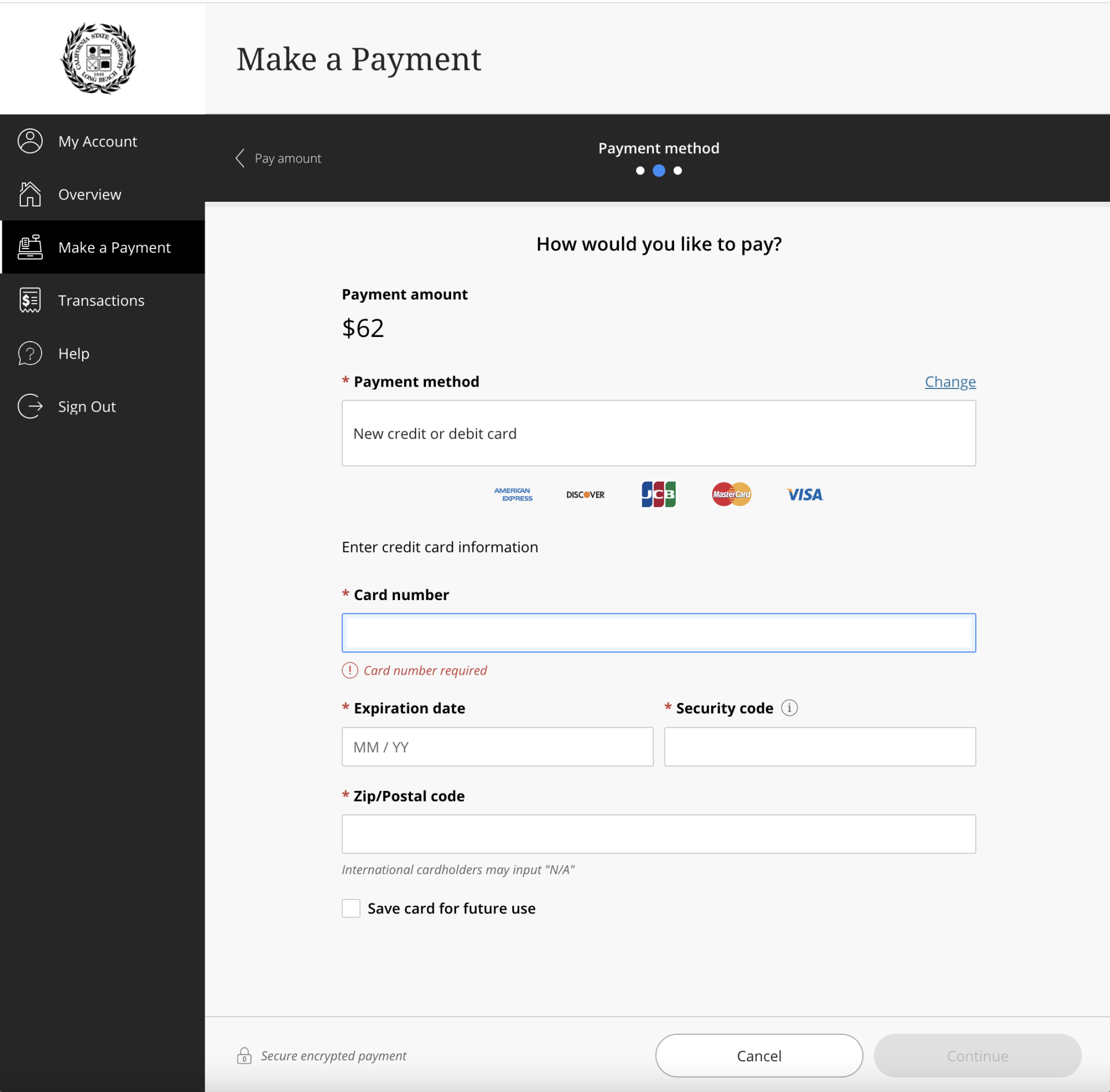 Screenshot of credit card payment option form