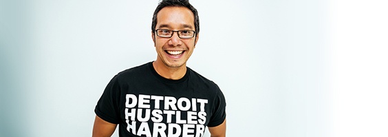 Fernando DelRosario with Detroit Hustles Harder t-shirt