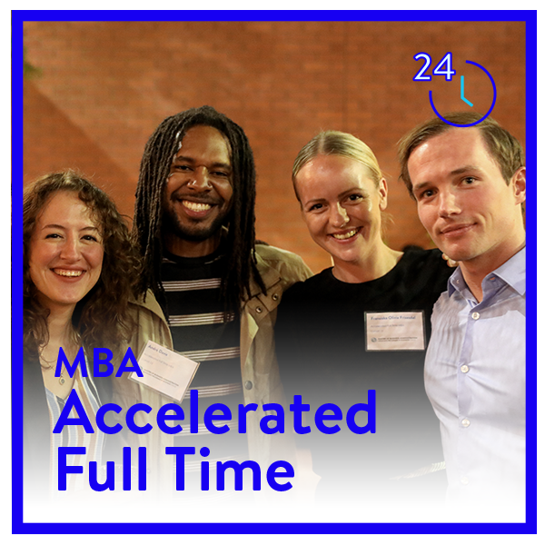 MBA Accelerated Full Time TEXT with MBA Students and logo on