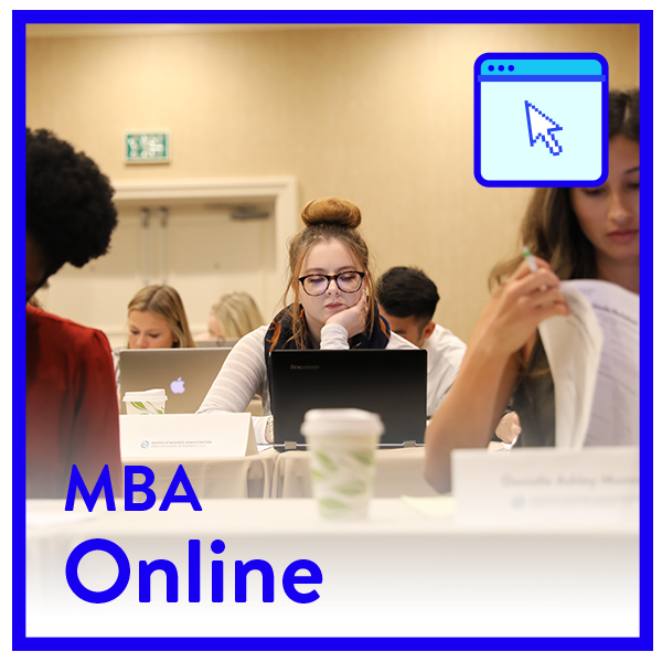 MBA Online TEXT with MBA Students and logo on the corner and