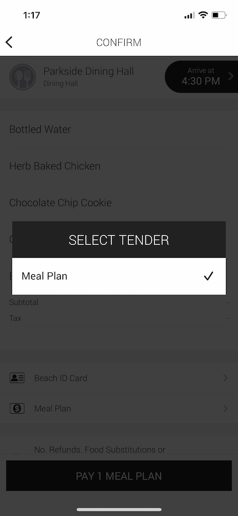 Screenshot of Transact mobile pay by meal plan