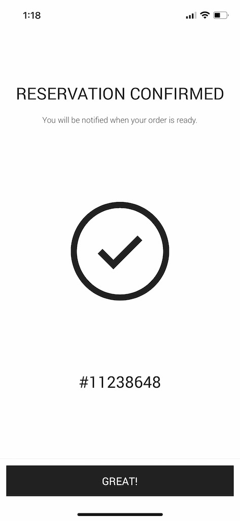 Screenshot of Transact mobile order confirmation