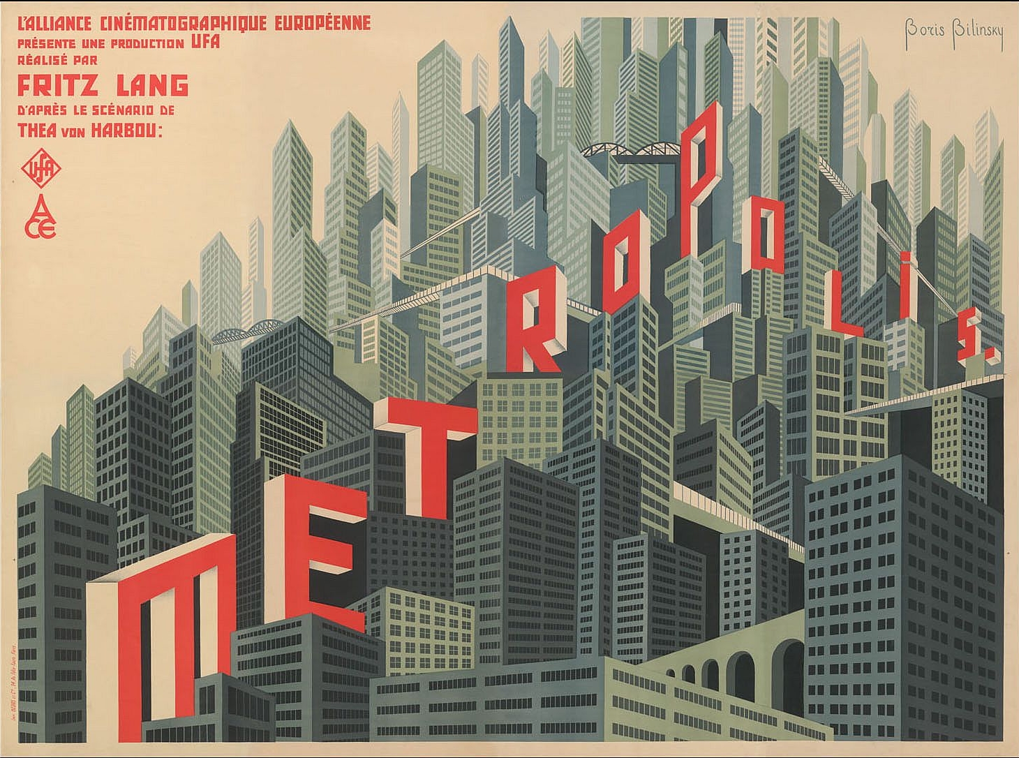 Von Boris Bilinsky gestaltetes Plakat für den UFA-Film Metropolis von Fritz Lang, hier in einer französisch-sprachigen Variante Date	1927 Source	Internet Author	Boris Konstantinowitsch Bilinski